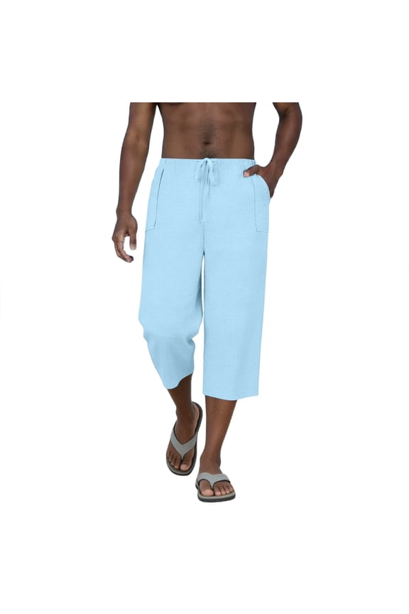 Men's Linen Capri Pants Casual Lightweight 3/4 Baggy Harem Pants Drawstring Elastic Waist Beach Yoga Pants with Pockets