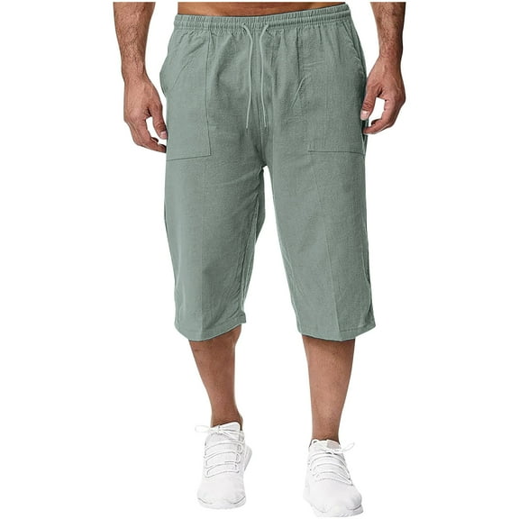 Men's Linen Capri Pants Casual Lightweight 3/4 Baggy Pants Drawstring Elastic Waist Beach Yoga Pants with Pockets