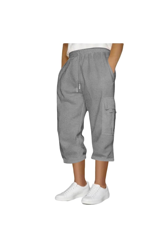 Men's Linen Capri Pants Casual Lightweight 3/4 Below Knee Drawstring Elastic Waist Solid Loose Yoga Trousers with Pocket (M, Dark Gray)