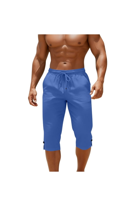 Men's Linen Capri Pants Soft Drawstring Waist Sweatpants Workout Gym Below Knee Cropped Jogger Pant with Pockets