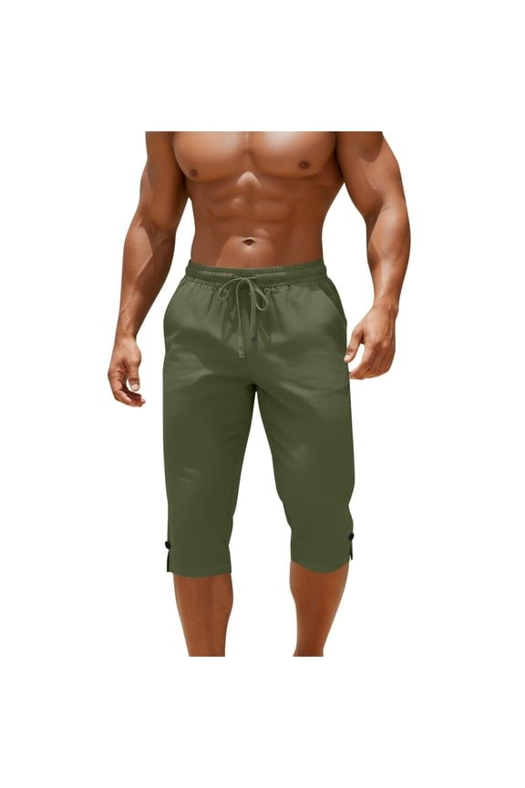 Men's Linen Capri Pants Soft Drawstring Waist Sweatpants Workout Gym Below Knee Cropped Jogger Pant with Pockets