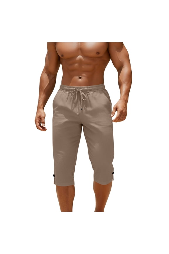 Men's Linen Capri Pants Soft Drawstring Waist Sweatpants Workout Gym Below Knee Cropped Jogger Pant with Pockets
