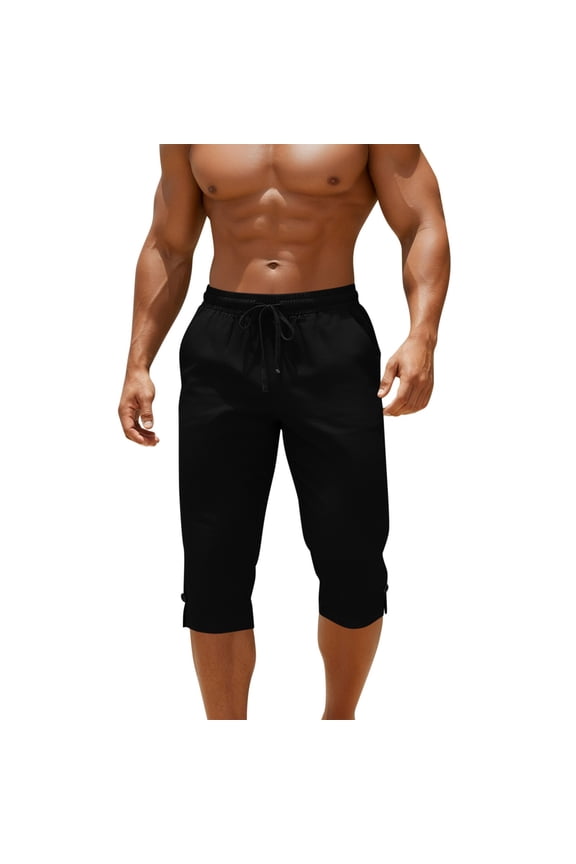 Men's Linen Capri Pants Soft Drawstring Waist Sweatpants Workout Gym Below Knee Cropped Jogger Pant with Pockets