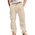 thumbnail image 1 of Men's Linen Cargo Trousers, Elasticated Smart Plain Pants Athletic-Fit Casual Trouser Lightweight Combat Bottoms Multi-Pockets Heavy Work Wear Outdoor Camping Hiking Pant, 1 of 7