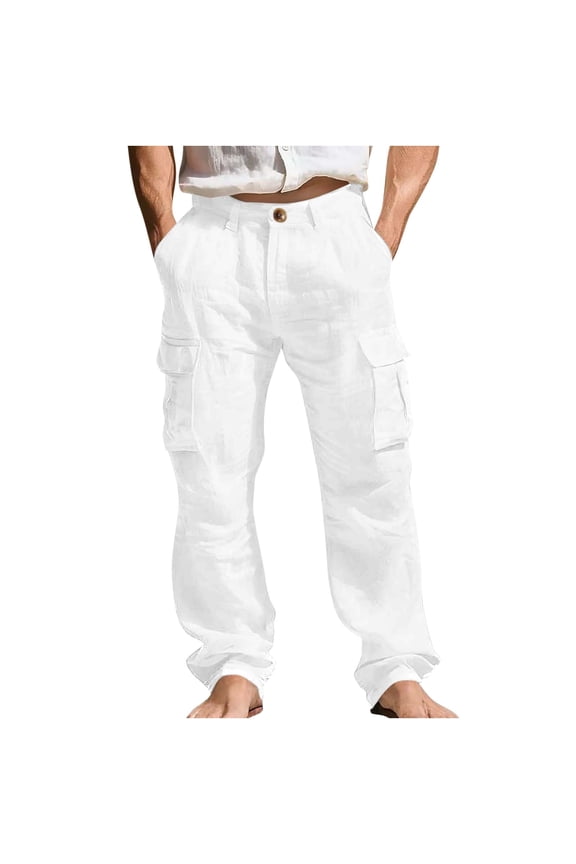 Men's Linen Cargo Trousers, Elasticated Smart Plain Pants Athletic-Fit Casual Trouser Lightweight Combat Bottoms Multi-Pockets Heavy Work Wear Outdoor Camping Hiking Pant