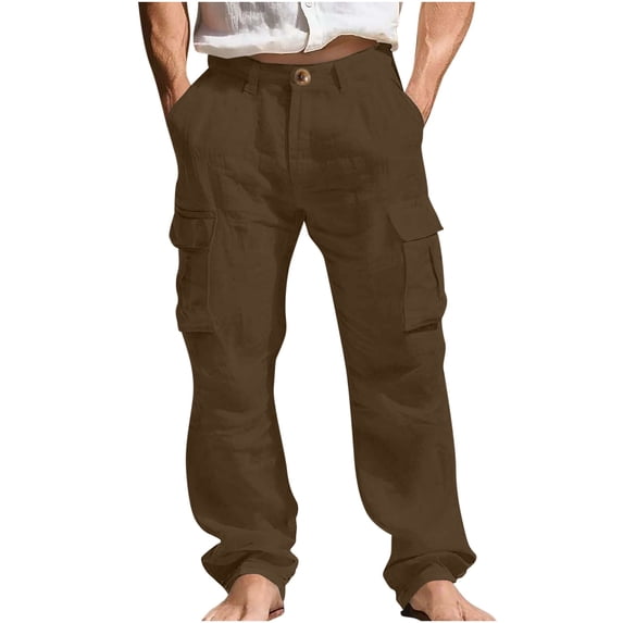 Men's Linen Cargo Trousers, Elasticated Smart Plain Pants Athletic-Fit Casual Trouser Lightweight Combat Bottoms Multi-Pockets Heavy Work Wear Outdoor Camping Hiking Pant
