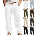 thumbnail image 1 of Men's Linen Cargo Trousers, Elasticated Smart Plain Pants Athletic-Fit Casual Trouser Lightweight Combat Bottoms Multi-Pockets Heavy Work Wear Outdoor Camping Hiking Pant, 1 of 7