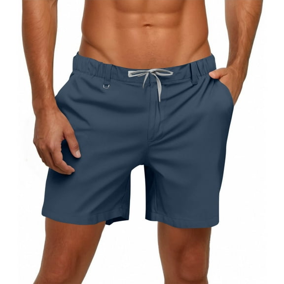 Men's Linen Casual Classic Short Elastic Waist Summer Beach Lightweight Board Slim-Fit with Pockets
