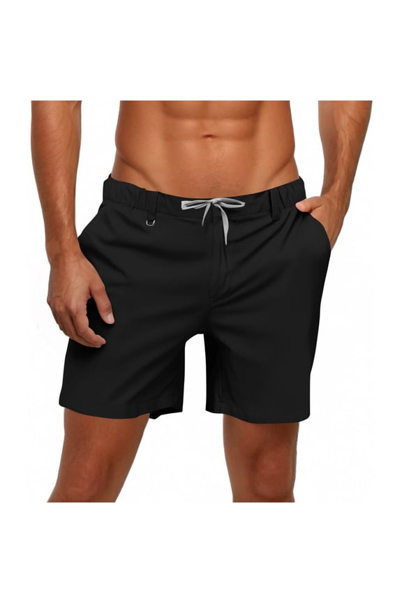 Men's Linen Casual Classic Short Elastic Waist Summer Beach Lightweight Board Slim-Fit with Pockets