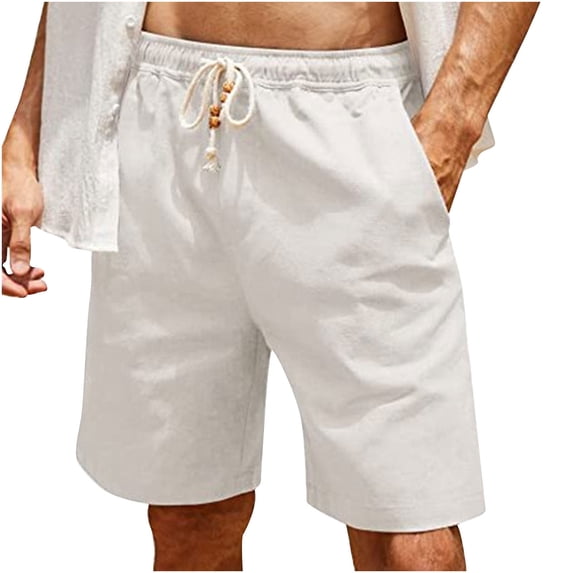 Men's Linen Casual Classic Shorts Elastic Waist Drawstring Summer Beach Lightweight Board Loose Fit with Pockets