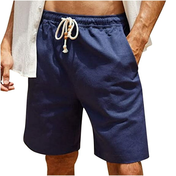 Men's Linen Casual Classic Shorts Elastic Waist Drawstring Summer Beach Lightweight Board Loose Fit with Pockets