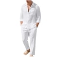 thumbnail image 1 of Men's Linen Casual Outfits Piece Solid Color Cuban Shirt and Pants Set Lightweight Beach Vacation Suit, 1 of 7