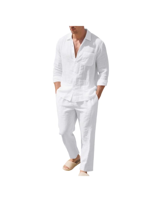 Men's Linen Casual Outfits Piece Solid Color Cuban Shirt and Pants Set Lightweight Beach Vacation Suit