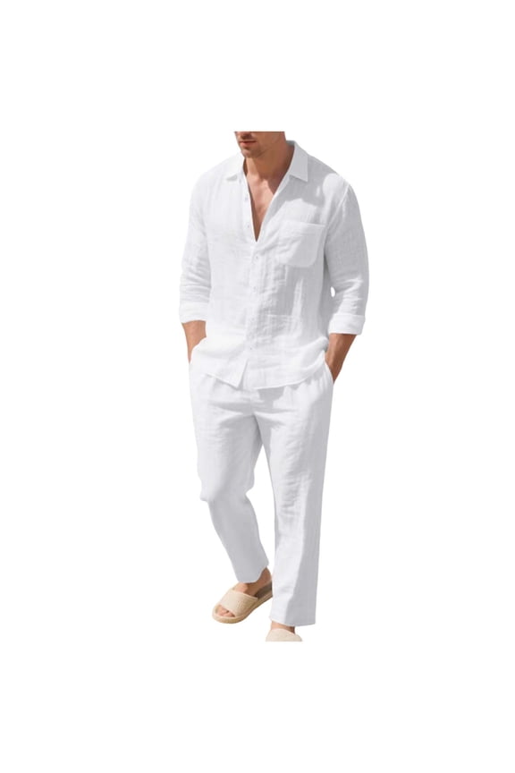 Men's Linen Casual Outfits Piece Solid Color Cuban Shirt and Pants Set Lightweight Beach Vacation Suit