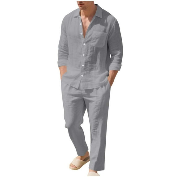 Men's Linen Casual Outfits Piece Solid Color Cuban Shirt and Pants Set Lightweight Beach Vacation Suit