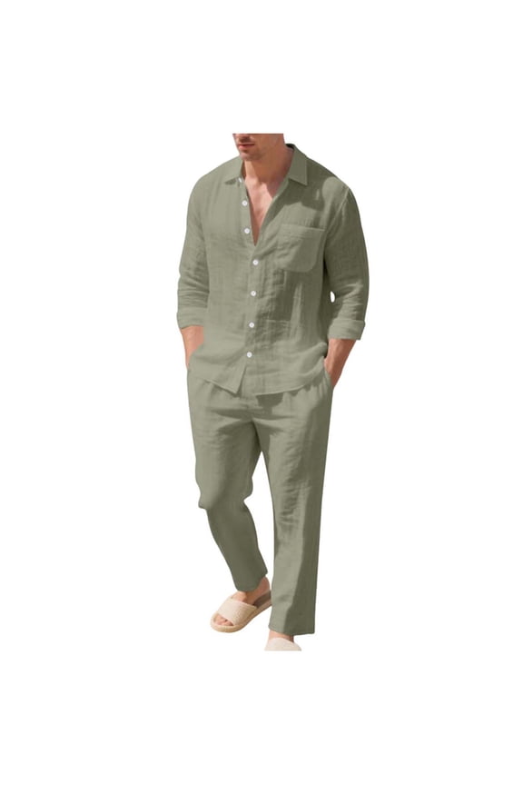 Men's Linen Casual Outfits Piece Solid Color Cuban Shirt and Pants Set Lightweight Beach Vacation Suit
