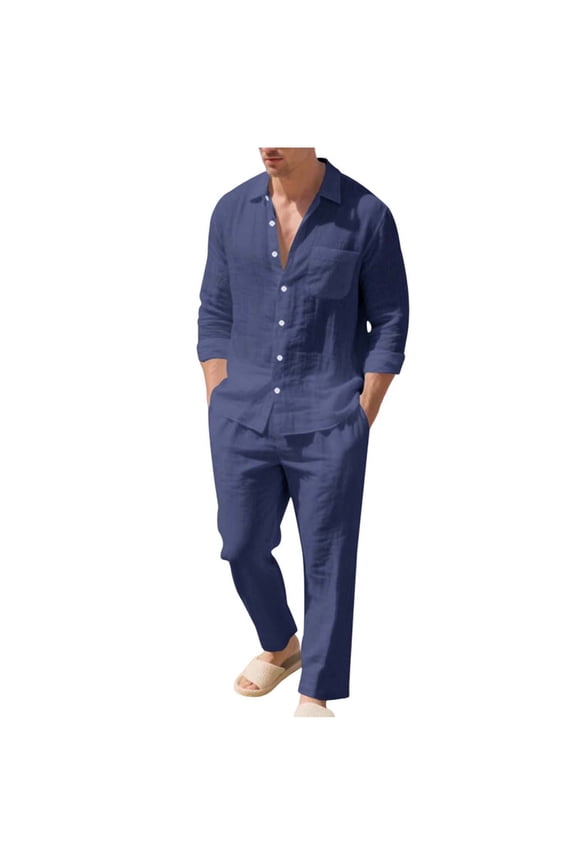 Men's Linen Casual Outfits Piece Solid Color Cuban Shirt and Pants Set Lightweight Beach Vacation Suit