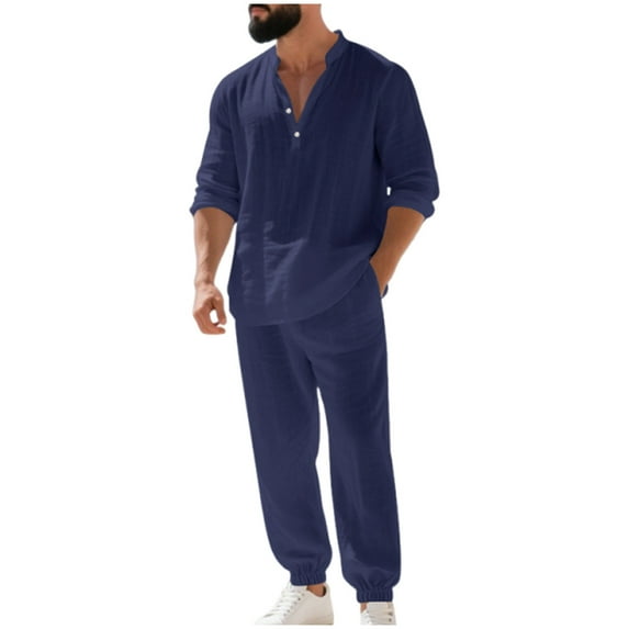 Men's Linen Casual Outfits Piece Solid Color Cuban Shirt and Pants Set Lightweight Beach Vacation Suit