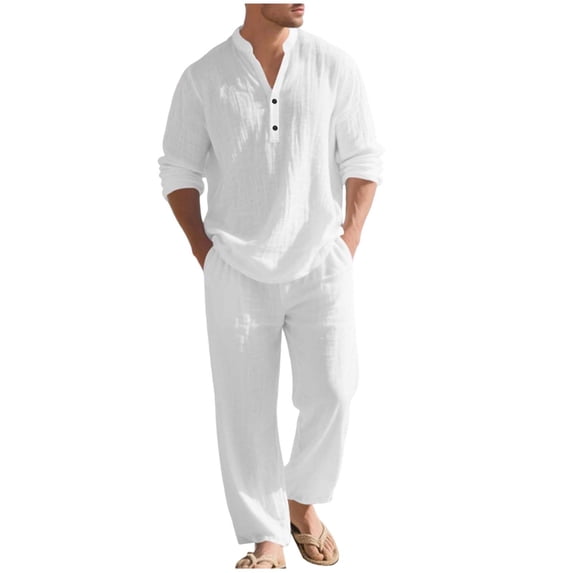 Men's Linen Casual Outfits Piece Solid Color Cuban Shirt and Pants Set Lightweight Beach Vacation Suit