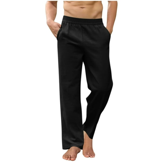 Men's Linen Casual Pants Elastic Waist Lightweight Straight Leg Beach Yoga Trousers with Pockets Summer Vacation Business Comfort Fit Breathable Style