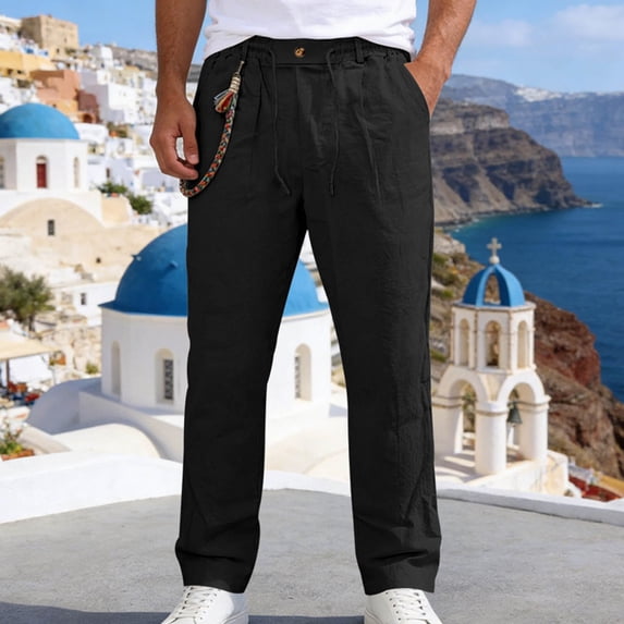 Men's Linen Casual Pants with Drawstring Waist and Side Pockets