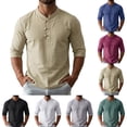 thumbnail image 1 of Men's Linen Casual Shirt Tops Stand Collar Short Sleeve Button Down Loose Fit Lightweight Breathable Cooling Summer Beach Vacation Travel Outfits Gift for Him | JASKFLY,White L, 1 of 9