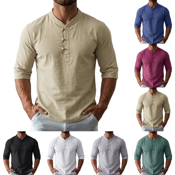 Men's Linen Casual Shirt Tops Stand Collar Short Sleeve Button Down Loose Fit Lightweight Breathable Cooling Summer Beach Vacation Travel Outfits Gift for Him | JASKFLY,White L