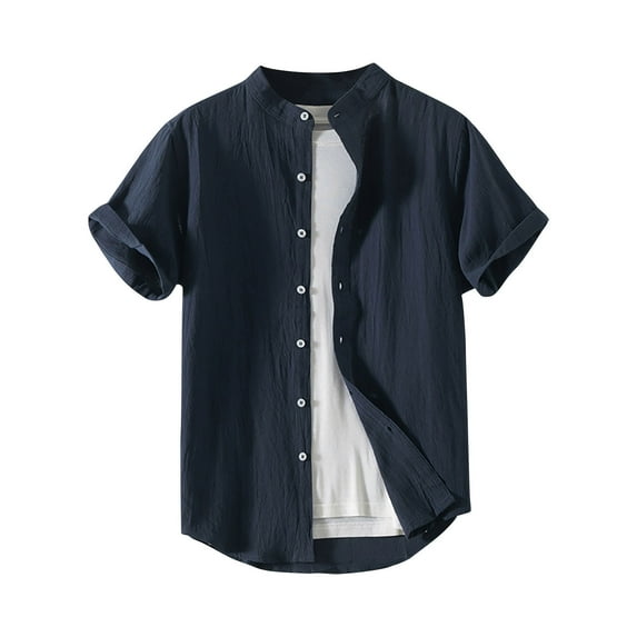 Men's Linen Casual Short Sleeve Shirts Breathable Cool Fashion Solid Color T Shirt Summer Beach Vacation Lapel Tops