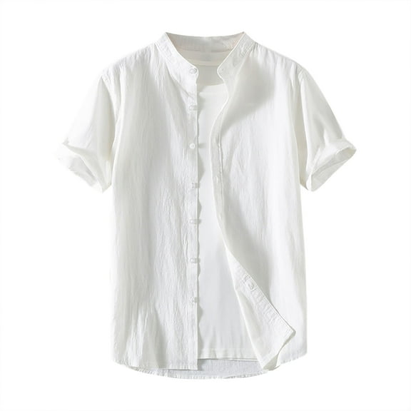 Men's Linen Casual Short Sleeve Shirts Breathable Cool Fashion Solid Color T Shirt Summer Beach Vacation Lapel Tops