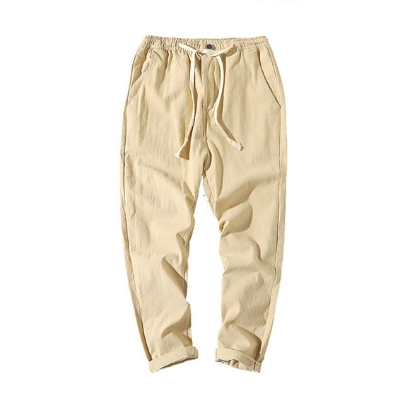 Men's Linen Casual Trousers with Drawstring for Comfortable Lightweight Loose Fit Yoga and Beach Wear Pants Mens Fashion Joggers Sports Pants Trousers Mens Long Pants