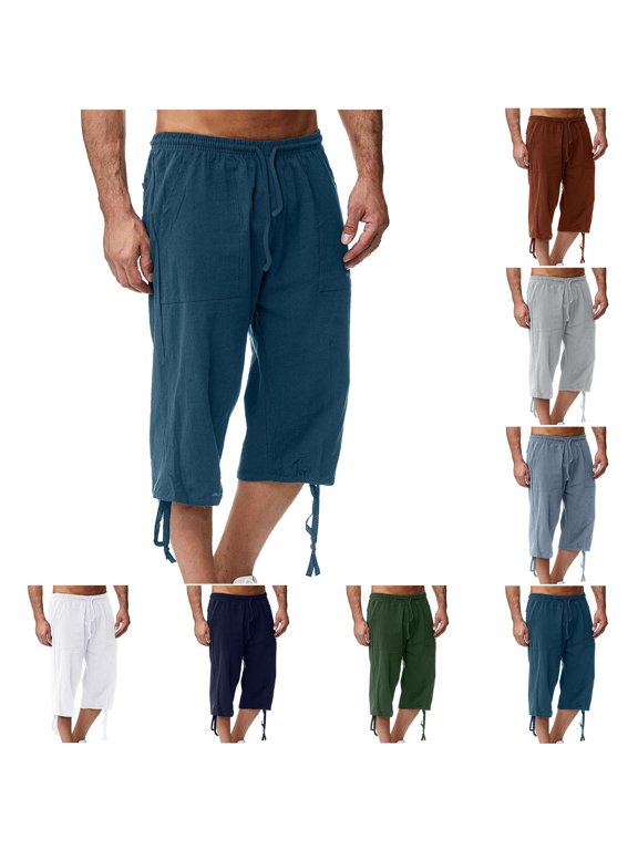 Men's Linen Cotton Capri Pants Hiking Pants Men's Solid Color Casual Pants Casual Loose Straddle Pants Amall Foot Pants Full Length Pants Blue S