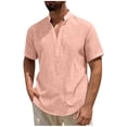 thumbnail image 1 of Men's Linen Cotton Henley Shirt V-Neck Short Sleeve Casual Loose Hawaii Beach Vacation Hippie Solid Color Button Tops, 1 of 6