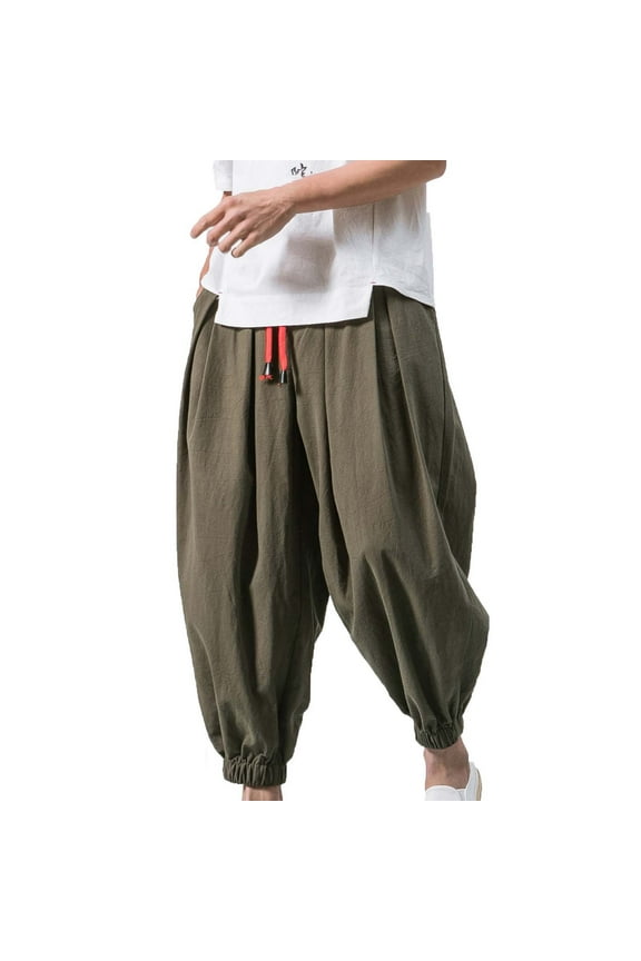 Men's Linen Cotton Hippie Harem Pants Baggy Linen Boho Yoga Casual Drop Crotch Trouser Oversized Tapered Pants Lightweight Loose Fit Drawstring Elastic Waist Summer Beach Pants