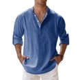thumbnail image 1 of Men's Linen Cotton Long Sleeve Button Down Henley Shirt Casual Solid Band Collar Beach Shirts Blue XL, 1 of 3