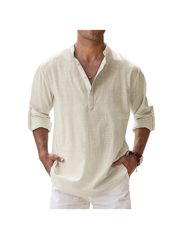 Men's Linen Cotton Long Sleeve Button Down Henley Shirt Casual Solid Band Collar Beach Shirts Complexion M