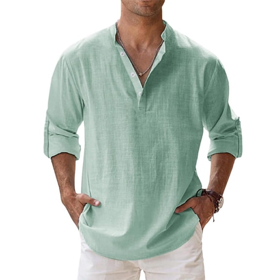 Men's Linen Cotton Long Sleeve Button Down Henley Shirt Casual Solid Band Collar Beach Shirts Mint Green M