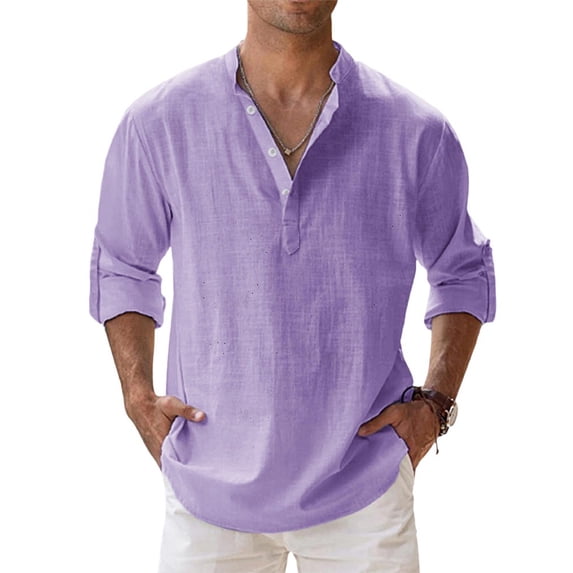 Men's Linen Cotton Long Sleeve Button Down Henley Shirt Casual Solid Band Collar Beach Shirts Purple XL
