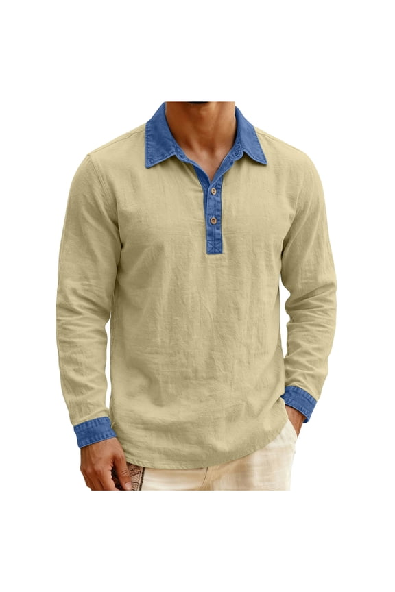 Men's Linen Cotton Long Sleeve Shirt Collared Denim Patchwork Loose Shirt Casual Trendy Top Daily Wear,M,Khaki
