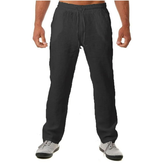 Men's Linen Cotton Loose Fit Casual Lightweight Elastic Waist Summer Beach Pants Casual Cargo Pants Hiking Pants Workout Joggers Sweatpants for Men Clearance Sale Black M