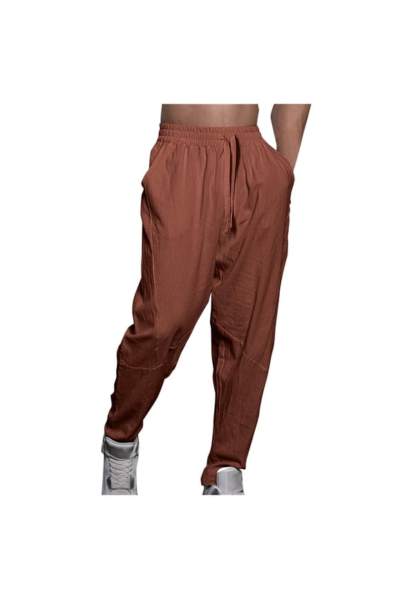 Men's Linen Cotton Pants - Casual Elastic Waist Drawstring Jogger Sweats Baggy Boho Yoga Summer Beach Tapered Trousers Wine