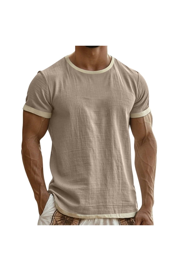Men's Linen Cotton Ringer T-Shirt Contrast Trim Crew Neck Lightweight Short Sleeve Tee for 2026 Summer Wear