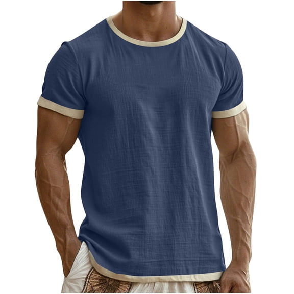 Men's Linen Cotton Ringer T-Shirt Contrast Trim Crew Neck Lightweight Short Sleeve Tee for 2026 Summer Wear