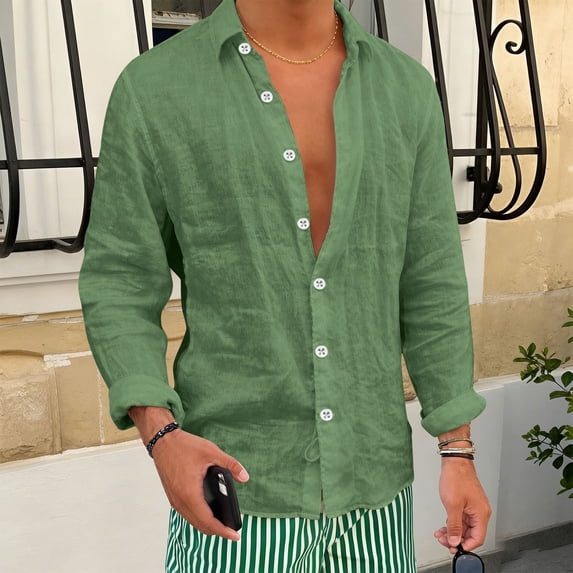 Men's Linen Cotton Shirts Long Sleeve Lightweight Regular Fit Solid Button Casual Summer Shirt Army Green M