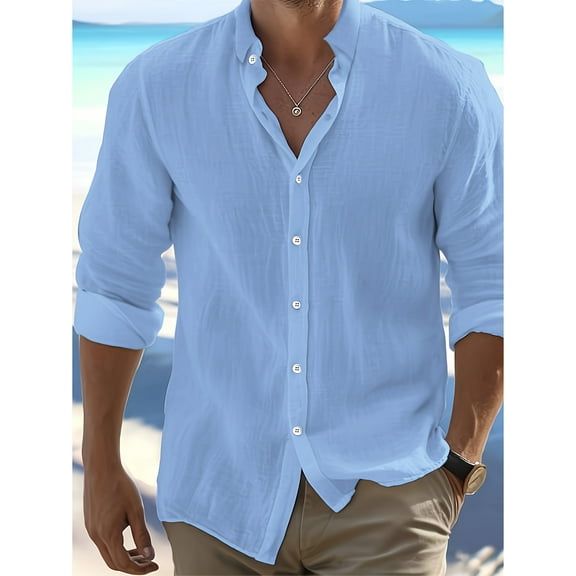 Men's Linen Cotton Shirts Long Sleeve Regular Fit Casual Solid Shirt Lightweight Summer Beach Tops Blue M