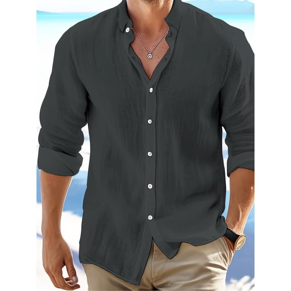 Men's Linen Cotton Shirts Long Sleeve Regular Fit Casual Solid Shirt Lightweight Summer Beach Tops Gray XXL