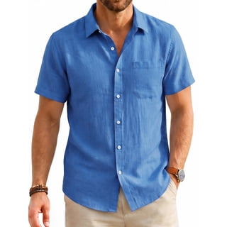 Men's Linen Shirts Short Sleeve Casual Shirts Button Down Shirt Beach Summer Vacation Blue Shirt L