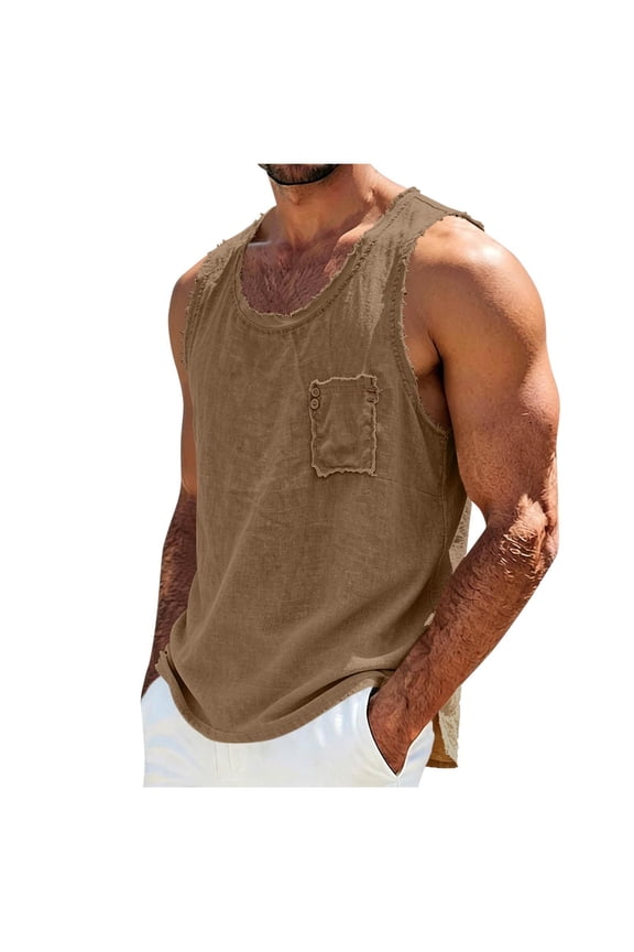Men's Linen Cotton Tank Top, Crew Neck Shirt with Chest Pocket, Raw Edge Trim and Split Hem, Casual Sleeveless Shirt for Summer Beach Days and Everyday Wear, Big and Tall Size M-4XL Khaki