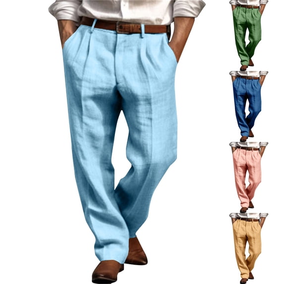 Men's Linen Double Pleated Straight Pants Solid Color Breathable Casual Holiday