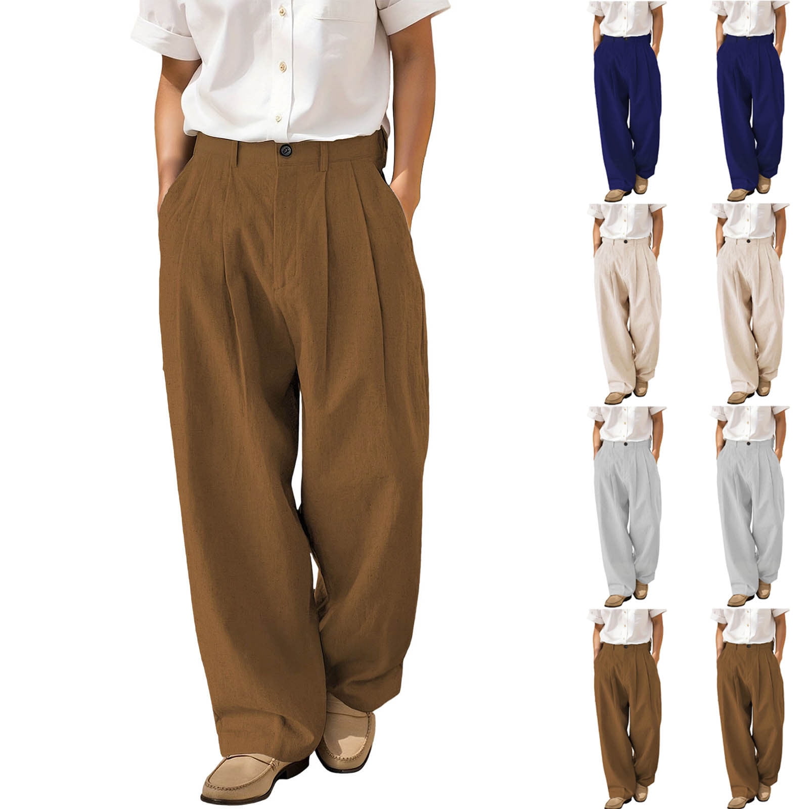 Men's Linen Double Pleated Trousers, Pants, Dress Pants, Button