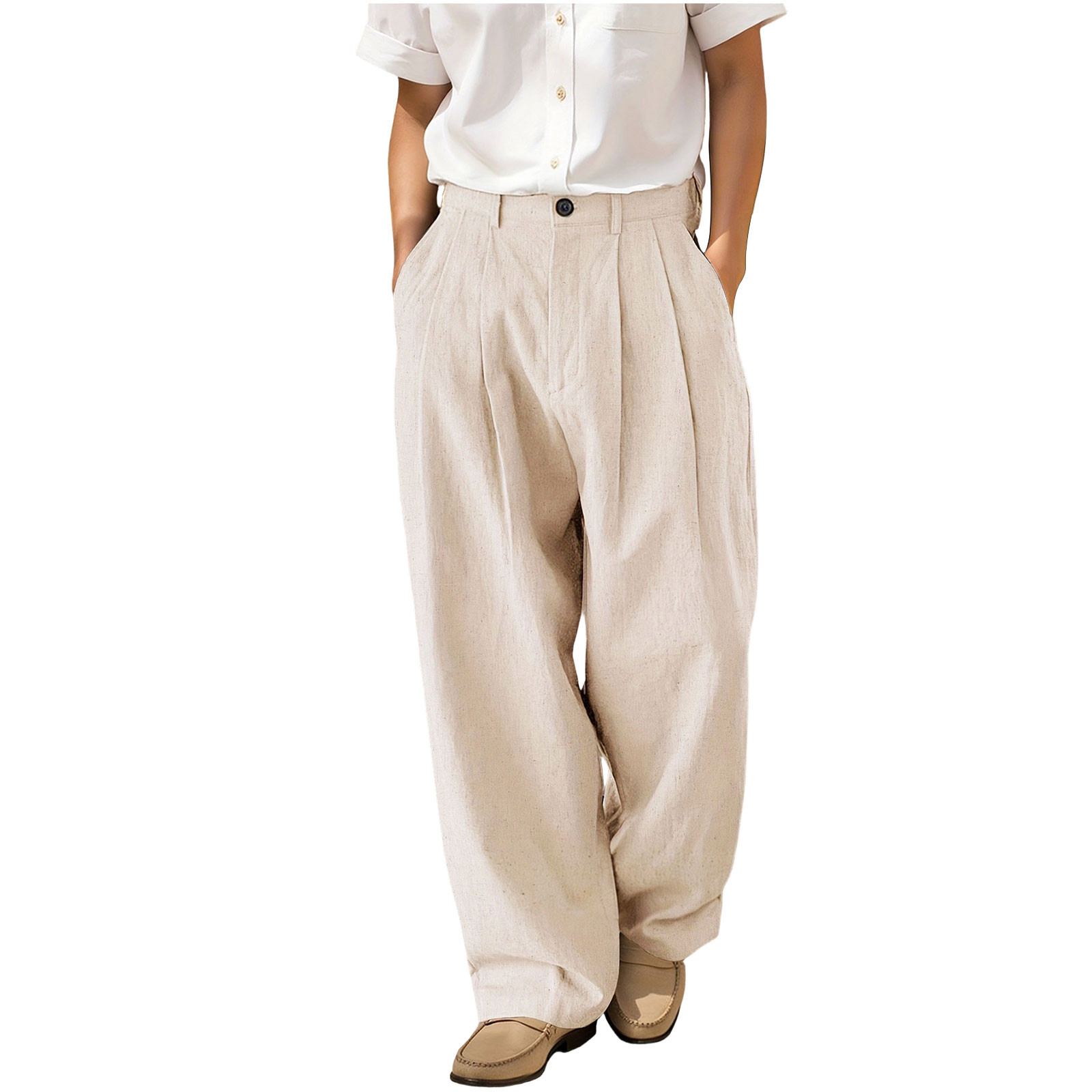 Men's Linen Dress Pants Baggy Pleated Casual Wide Leg Trousers Relaxed ...